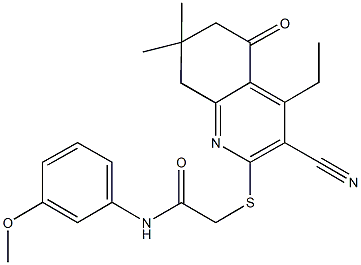 2-[(3-cyano-4-ethyl-7,7-dimethyl-5-oxo-5,6,7,8-tetrahydro-2-quinolinyl)sulfanyl]-N-(3-methoxyphenyl)acetamide Struktur