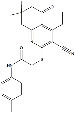 2-[(3-cyano-4-ethyl-7,7-dimethyl-5-oxo-5,6,7,8-tetrahydro-2-quinolinyl)sulfanyl]-N-(4-methylphenyl)acetamide Struktur