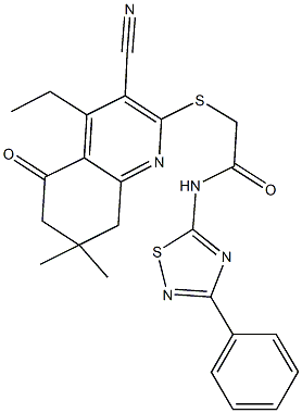 2-[(3-cyano-4-ethyl-7,7-dimethyl-5-oxo-5,6,7,8-tetrahydro-2-quinolinyl)sulfanyl]-N-(3-phenyl-1,2,4-thiadiazol-5-yl)acetamide Struktur