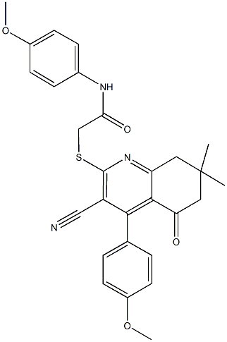 2-{[3-cyano-4-(4-methoxyphenyl)-7,7-dimethyl-5-oxo-5,6,7,8-tetrahydro-2-quinolinyl]sulfanyl}-N-(4-methoxyphenyl)acetamide Struktur