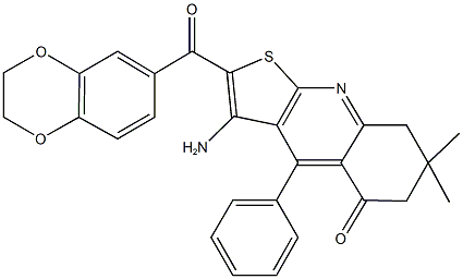 3-amino-2-(2,3-dihydro-1,4-benzodioxin-6-ylcarbonyl)-7,7-dimethyl-4-phenyl-7,8-dihydrothieno[2,3-b]quinolin-5(6H)-one Struktur