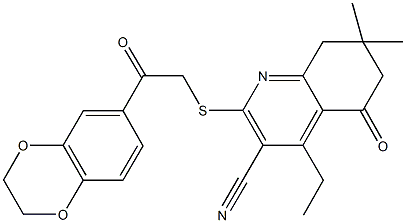 2-{[2-(2,3-dihydro-1,4-benzodioxin-6-yl)-2-oxoethyl]sulfanyl}-4-ethyl-7,7-dimethyl-5-oxo-5,6,7,8-tetrahydro-3-quinolinecarbonitrile Struktur