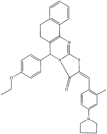 7-(4-ethoxyphenyl)-10-[2-methyl-4-(1-pyrrolidinyl)benzylidene]-5,7-dihydro-6H-benzo[h][1,3]thiazolo[2,3-b]quinazolin-9(10H)-one Struktur