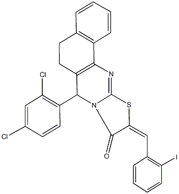 7-(2,4-dichlorophenyl)-10-(2-iodobenzylidene)-5,7-dihydro-6H-benzo[h][1,3]thiazolo[2,3-b]quinazolin-9(10H)-one Struktur