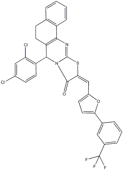 7-(2,4-dichlorophenyl)-10-({5-[3-(trifluoromethyl)phenyl]-2-furyl}methylene)-5,7-dihydro-6H-benzo[h][1,3]thiazolo[2,3-b]quinazolin-9(10H)-one Struktur