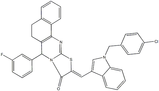 10-{[1-(4-chlorobenzyl)-1H-indol-3-yl]methylene}-7-(3-fluorophenyl)-5,7-dihydro-6H-benzo[h][1,3]thiazolo[2,3-b]quinazolin-9(10H)-one Struktur