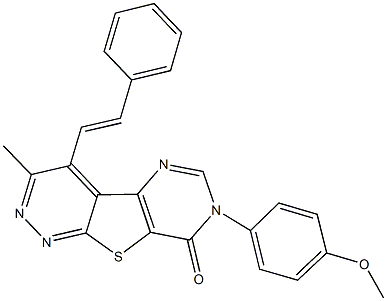 7-(4-methoxyphenyl)-3-methyl-4-(2-phenylvinyl)pyrimido[4',5':4,5]thieno[2,3-c]pyridazin-8(7H)-one Struktur