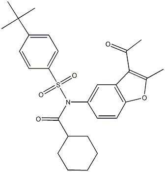 N-(3-acetyl-2-methyl-1-benzofuran-5-yl)-4-tert-butyl-N-(cyclohexylcarbonyl)benzenesulfonamide Struktur