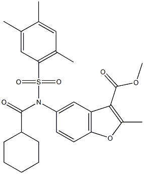 methyl 5-{(cyclohexylcarbonyl)[(2,4,5-trimethylphenyl)sulfonyl]amino}-2-methyl-1-benzofuran-3-carboxylate Struktur