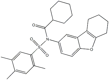 N-(cyclohexylcarbonyl)-2,4,5-trimethyl-N-(6,7,8,9-tetrahydrodibenzo[b,d]furan-2-yl)benzenesulfonamide Struktur