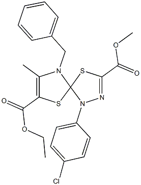 7-ethyl 3-methyl 9-benzyl-1-(4-chlorophenyl)-8-methyl-4,6-dithia-1,2,9-triazaspiro[4.4]nona-2,7-diene-3,7-dicarboxylate Struktur