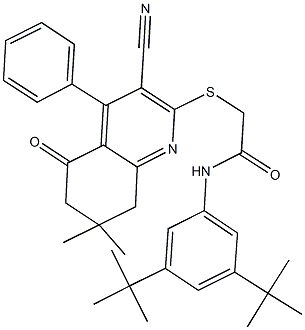 2-[(3-cyano-7,7-dimethyl-5-oxo-4-phenyl-5,6,7,8-tetrahydro-2-quinolinyl)sulfanyl]-N-(3,5-ditert-butylphenyl)acetamide Struktur