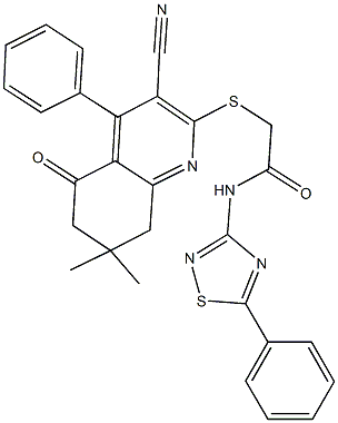 2-[(3-cyano-7,7-dimethyl-5-oxo-4-phenyl-5,6,7,8-tetrahydro-2-quinolinyl)sulfanyl]-N-(5-phenyl-1,2,4-thiadiazol-3-yl)acetamide Struktur