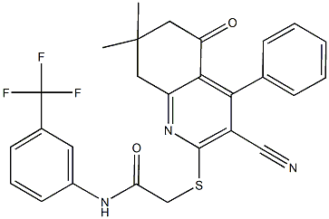 2-[(3-cyano-7,7-dimethyl-5-oxo-4-phenyl-5,6,7,8-tetrahydro-2-quinolinyl)sulfanyl]-N-[3-(trifluoromethyl)phenyl]acetamide Struktur