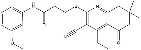 3-[(3-cyano-4-ethyl-7,7-dimethyl-5-oxo-5,6,7,8-tetrahydro-2-quinolinyl)sulfanyl]-N-(3-methoxyphenyl)propanamide Struktur