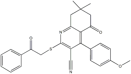 4-(4-methoxyphenyl)-7,7-dimethyl-5-oxo-2-[(2-oxo-2-phenylethyl)sulfanyl]-5,6,7,8-tetrahydro-3-quinolinecarbonitrile Struktur