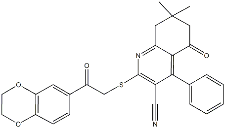 2-{[2-(2,3-dihydro-1,4-benzodioxin-6-yl)-2-oxoethyl]sulfanyl}-7,7-dimethyl-5-oxo-4-phenyl-5,6,7,8-tetrahydro-3-quinolinecarbonitrile Struktur