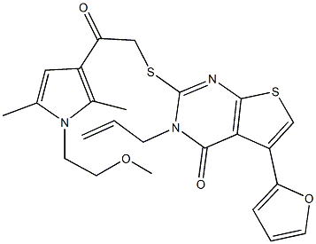 3-allyl-5-(2-furyl)-2-({2-[1-(2-methoxyethyl)-2,5-dimethyl-1H-pyrrol-3-yl]-2-oxoethyl}sulfanyl)thieno[2,3-d]pyrimidin-4(3H)-one Struktur