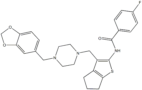 N-(3-{[4-(1,3-benzodioxol-5-ylmethyl)-1-piperazinyl]methyl}-5,6-dihydro-4H-cyclopenta[b]thien-2-yl)-4-fluorobenzamide Struktur