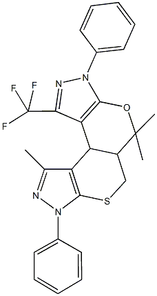 5,5,10-trimethyl-3,8-diphenyl-1-(trifluoromethyl)-5a,6,8,10b-tetrahydro-3H,5H-pyrazolo[4'',3'':5',6']pyrano[4',3':4,5]thiopyrano[2,3-c]pyrazole Struktur