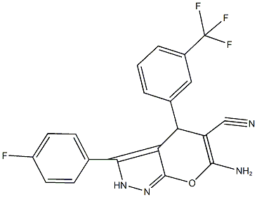 6-amino-3-(4-fluorophenyl)-4-[3-(trifluoromethyl)phenyl]-2,4-dihydropyrano[2,3-c]pyrazole-5-carbonitrile Struktur