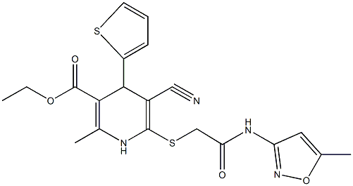 ethyl 5-cyano-2-methyl-6-({2-[(5-methyl-3-isoxazolyl)amino]-2-oxoethyl}sulfanyl)-4-(2-thienyl)-1,4-dihydro-3-pyridinecarboxylate Struktur