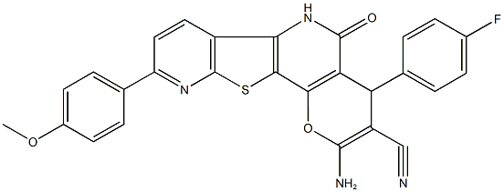 2-amino-4-(4-fluorophenyl)-9-(4-methoxyphenyl)-5-oxo-5,6-dihydro-4H-pyrano[2,3-d]pyrido[3',2':4,5]thieno[3,2-b]pyridine-3-carbonitrile Struktur