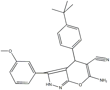 6-amino-4-(4-tert-butylphenyl)-3-(3-methoxyphenyl)-2,4-dihydropyrano[2,3-c]pyrazole-5-carbonitrile Struktur