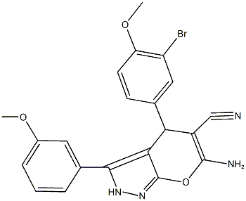 6-amino-4-(3-bromo-4-methoxyphenyl)-3-(3-methoxyphenyl)-2,4-dihydropyrano[2,3-c]pyrazole-5-carbonitrile Struktur