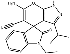 6-amino-3-isopropyl-2,4-dihydropyrano[2,3-c]pyrazole-5-carbonitrile-4-spiro-3'-(1'-ethyl-1',3'-dihydro-2'H-indol-2'-one) Struktur