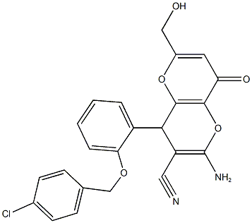 2-amino-4-{2-[(4-chlorobenzyl)oxy]phenyl}-6-(hydroxymethyl)-8-oxo-4,8-dihydropyrano[3,2-b]pyran-3-carbonitrile Struktur