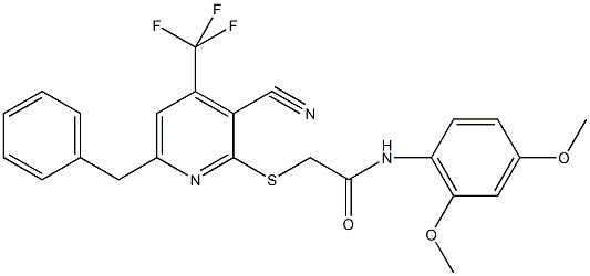 2-{[6-benzyl-3-cyano-4-(trifluoromethyl)-2-pyridinyl]sulfanyl}-N-(2,4-dimethoxyphenyl)acetamide Struktur