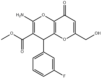 methyl 2-amino-4-(3-fluorophenyl)-6-(hydroxymethyl)-8-oxo-4,8-dihydropyrano[3,2-b]pyran-3-carboxylate Struktur