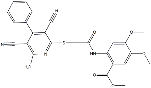 methyl 2-({[(6-amino-3,5-dicyano-4-phenyl-2-pyridinyl)sulfanyl]acetyl}amino)-4,5-dimethoxybenzoate Struktur