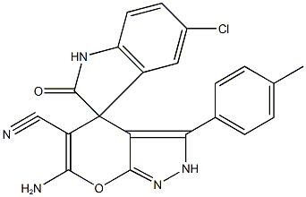 6'-amino-5'-cyano-6-chloro-3'-(4-methylphenyl)-1,2',3,4'-tetrahydrospiro(2H-indole-3,4'-pyrano[2,3-c]pyrazole)-2-one Struktur