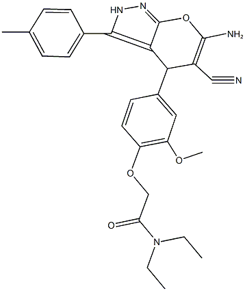 2-{4-[6-amino-5-cyano-3-(4-methylphenyl)-2,4-dihydropyrano[2,3-c]pyrazol-4-yl]-2-methoxyphenoxy}-N,N-diethylacetamide Struktur