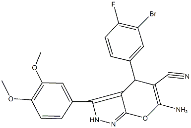 6-amino-4-(3-bromo-4-fluorophenyl)-3-(3,4-dimethoxyphenyl)-2,4-dihydropyrano[2,3-c]pyrazole-5-carbonitrile Struktur