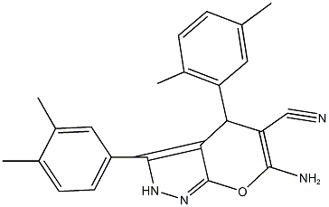 6-amino-4-(2,5-dimethylphenyl)-3-(3,4-dimethylphenyl)-2,4-dihydropyrano[2,3-c]pyrazole-5-carbonitrile Struktur