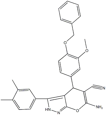 6-amino-4-[4-(benzyloxy)-3-methoxyphenyl]-3-(3,4-dimethylphenyl)-2,4-dihydropyrano[2,3-c]pyrazole-5-carbonitrile Struktur