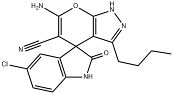 6'-amino-3'-butyl-5-chloro-1,1',3,4'-tetrahydro-2-oxospiro(2H-indole-3,4'-pyrano[2,3-c]pyrazole)-5'-carbonitrile Struktur