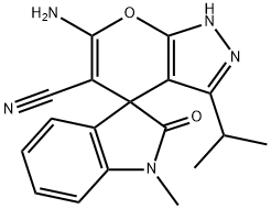 6'-amino-3'-isopropyl-1-methyl-1,2',3,4'-tetrahydro-2-oxospiro(2H-indole-3,4'-pyrano[2,3-c]pyrazole)-5'-carbonitrile Struktur