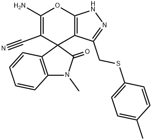 6'-amino-1-methyl-3'-{[(4-methylphenyl)sulfanyl]methyl}-1,1',3,4'-tetrahydro-2-oxospiro(2H-indole-3,4'-pyrano[2,3-c]pyrazole)-5'-carbonitrile Struktur