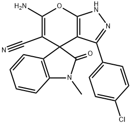 6'-amino-3'-(4-chlorophenyl)-1-methyl-1,2',3,4'-tetrahydro-2-oxospiro(2H-indole-3,4'-pyrano[2,3-c]pyrazole)-5'-carbonitrile Struktur