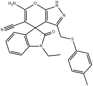 6'-amino-1-ethyl-3'-{[(4-methylphenyl)sulfanyl]methyl}-1,1',3,4'-tetrahydro-2-oxospiro(2H-indole-3,4'-pyrano[2,3-c]pyrazole)-5'-carbonitrile Struktur