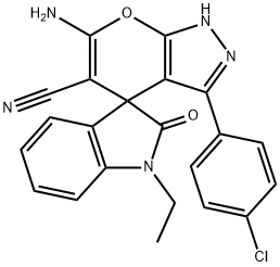 6'-amino-5'-cyano-3'-(4-chlorophenyl)-1-ethyl-1,2',3,4'-tetrahydrospiro(2H-indole-3,4'-pyrano[2,3-c]pyrazole)-2-one Struktur