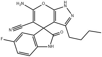 6'-amino-3'-butyl-5-fluoro-1,1',3,4'-tetrahydro-2-oxospiro(2H-indole-3,4'-pyrano[2,3-c]pyrazole)-5'-carbonitrile Struktur