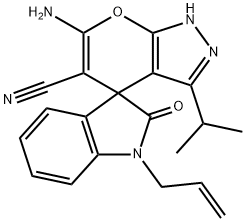 1-allyl-6'-amino-3'-isopropyl-1,2',3,4'-tetrahydro-2-oxospiro(2H-indole-3,4'-pyrano[2,3-c]pyrazole)-5'-carbonitrile Struktur