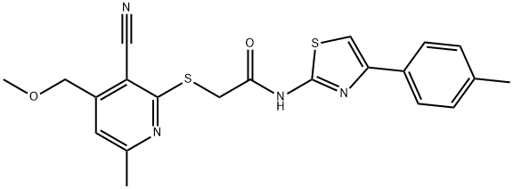 2-{[3-cyano-4-(methoxymethyl)-6-methyl-2-pyridinyl]sulfanyl}-N-[4-(4-methylphenyl)-1,3-thiazol-2-yl]acetamide Struktur