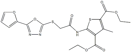 diethyl5-[({[5-(2-furyl)-1,3,4-oxadiazol-2-yl]thio}acetyl)amino]-3-methyl-2,4-thiophenedicarboxylate Struktur