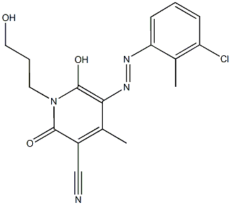 5-[(3-chloro-2-methylphenyl)diazenyl]-6-hydroxy-1-(3-hydroxypropyl)-4-methyl-2-oxo-1,2-dihydro-3-pyridinecarbonitrile Struktur